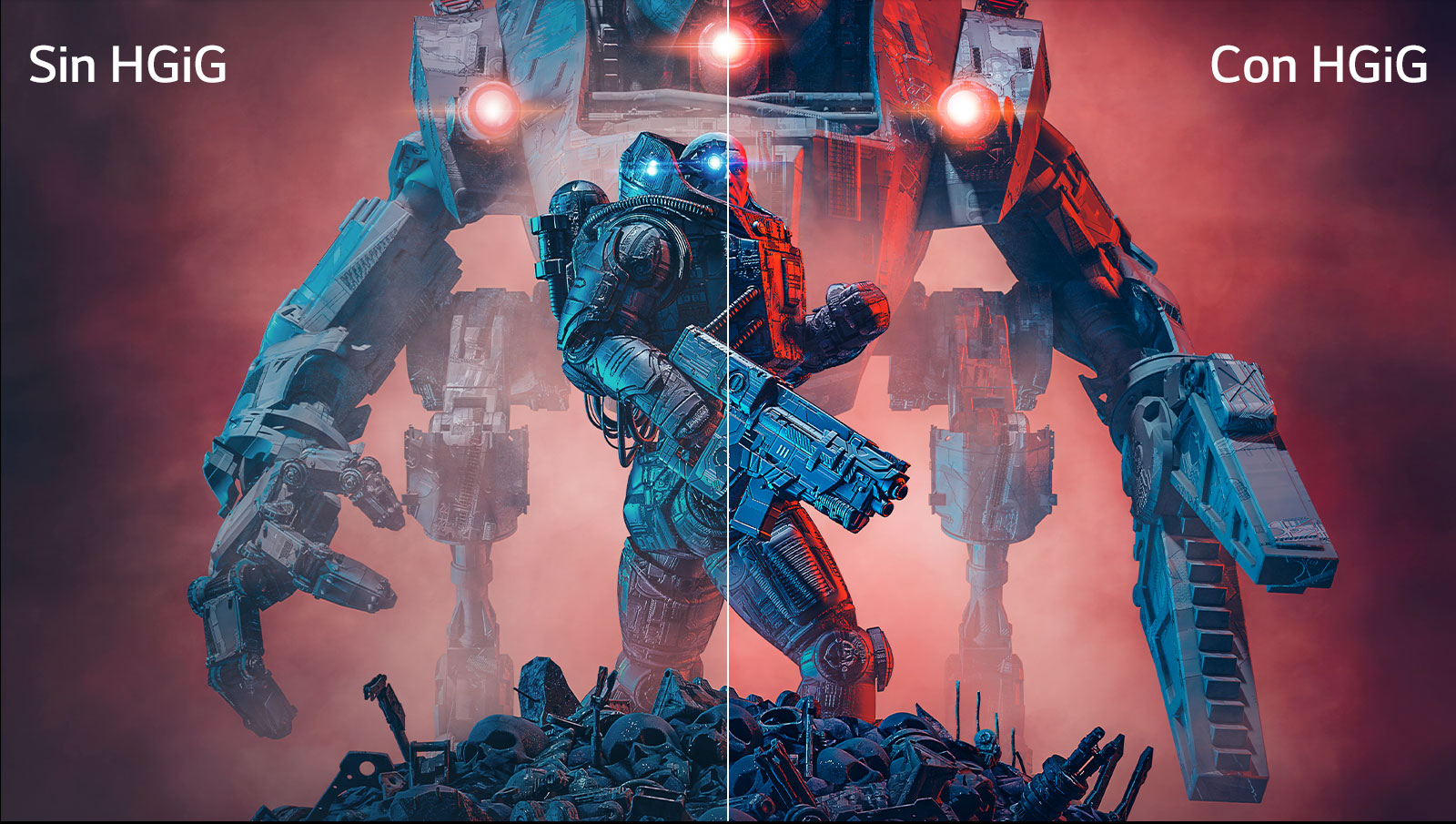 Imagen que muestra la mitad izquierda de una imagen sin HGiG mientras que la mitad derecha con HGiG para mostrar el contraste.