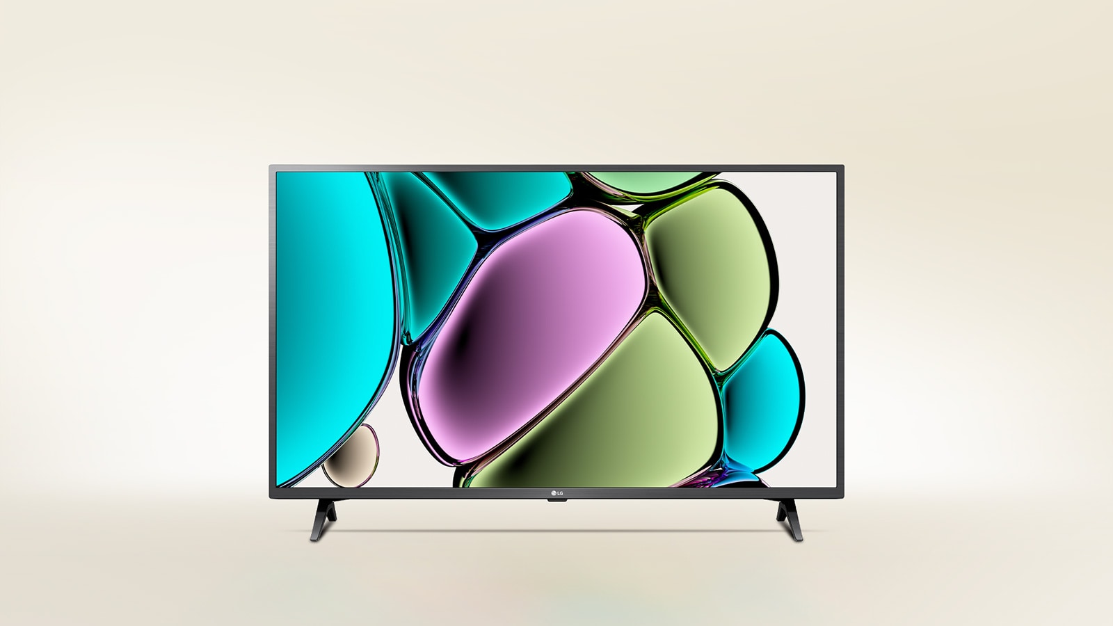 Una obra de arte de burbujas con textura de vidrio coloreada con azul verdoso, verde claro, violeta y marrón claro en un televisor LG FHD.