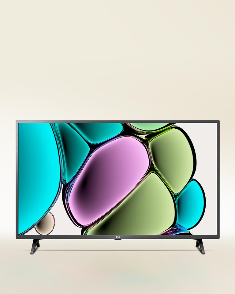 Una obra de arte de burbujas con textura de vidrio coloreada con azul verdoso, verde claro, violeta y marrón claro en un televisor LG FHD.