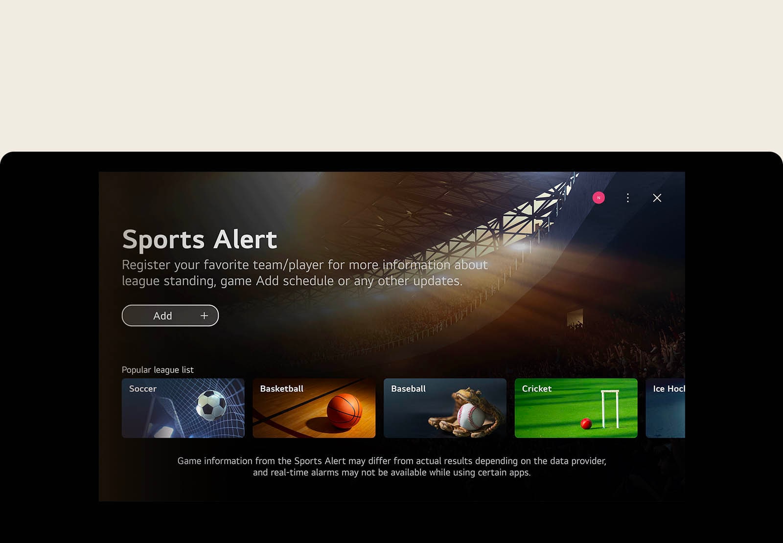 Pantalla de inicio webOS y el cursor hace clic en la tarjeta rápida de juego y luego en la tarjeta rápida de deportes, las cuales conducen a pantallas con contenido relacionado.