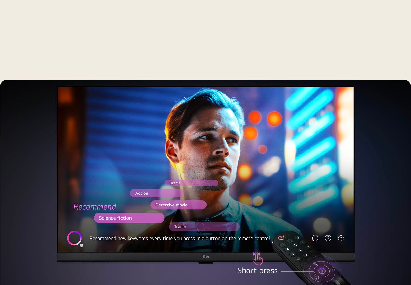Televisor LG FHD y control remoto. El botón del micrófono del control remoto se iluminó y las recomendaciones de palabras clave de búsqueda por voz aparecen en la pantalla.