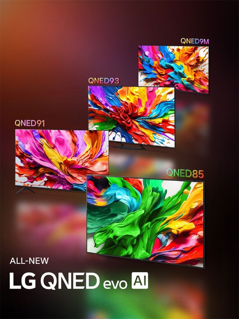Televisores LG QNED92 y LG QNED85, uno al lado del otro. Pantallas con ilustraciones coloridas que destacan la nueva tecnología de reproducción de colores vivos y vibrantes de LG QNED. También se muestra el logotipo ALL NEW LG QNED evo AI.