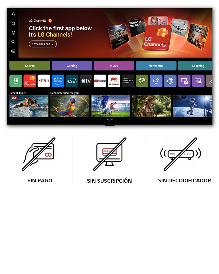 La pantalla de inicio de la LG NANO 4K UHD AI NU85 navega por la interfaz de LG Channels, donde se muestran canales de televisión en vivo gratuitos, películas y contenido exclusivo. Destaca el acceso directo a cientos de opciones de entretenimiento sin pago, sin suscripción y sin necesidad de decodificador.