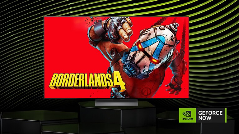 LG TV con un póster de un juego popular en su pantalla. Se ve el logotipo de NVIDIA GeForce NOW.