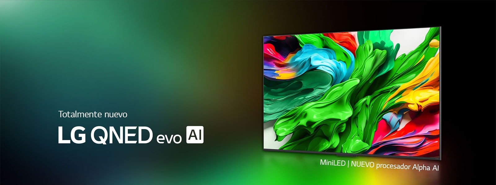 LG QNED TV en un fondo de colores oscuro. Ilustración brillante y colorida en la pantalla, que muestra la tecnología de color de QNED y su capacidad de ofrecer un amplio espectro de tonos con gran contraste. Aparece el logo All new LG QNED evo AI. Los subtítulos mencionan el MiniLED de QNED y el nuevo procesador alpha AI. Título: Todos los colores redefinidos: una nueva experiencia.