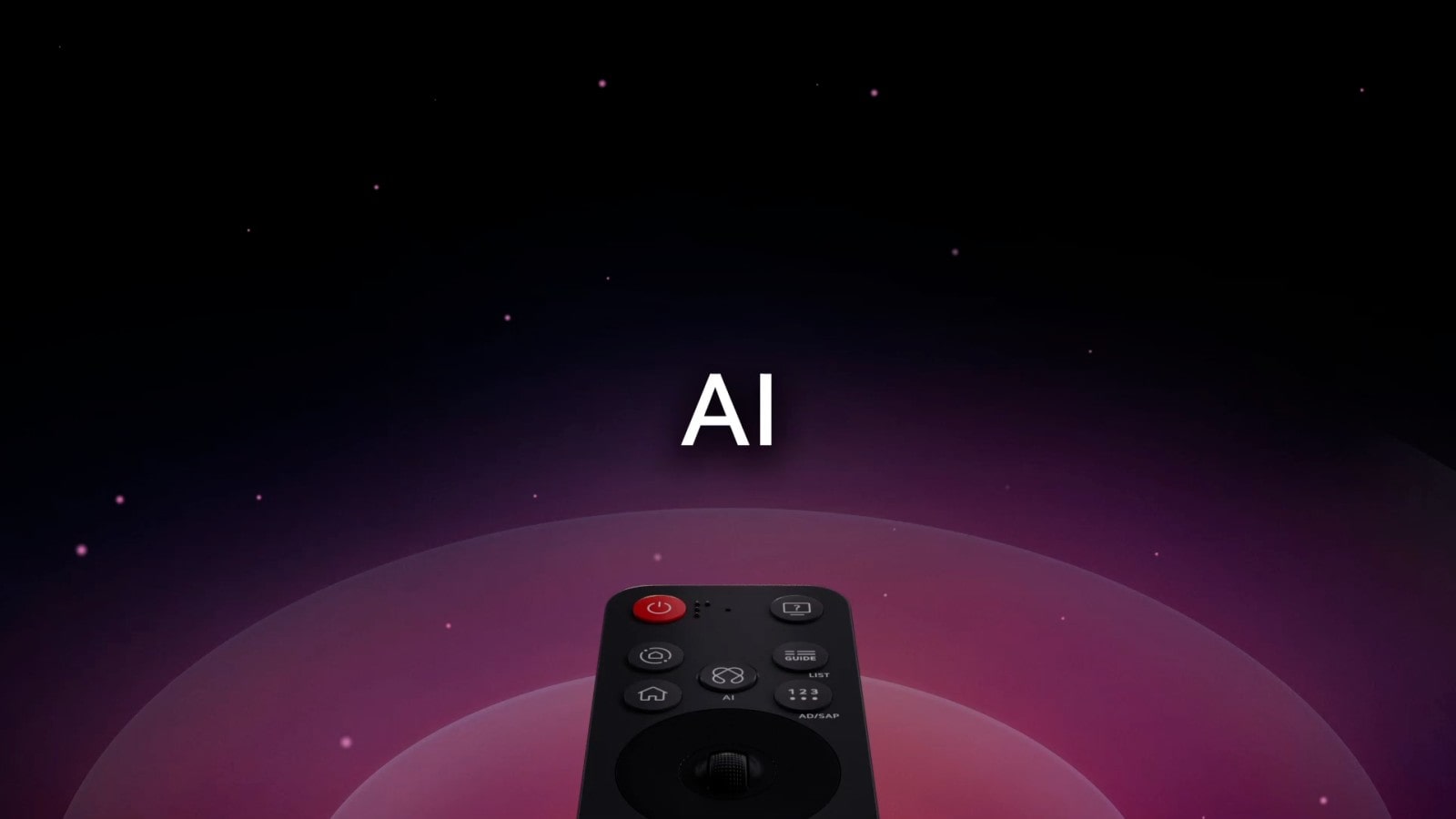 LG AI Magic Remote con el botón AI resaltado. La interfaz gráfica muestra cómo el botón AI permite a los usuarios acceder a diferentes funciones de AI. Los servicios incluyen Reconocimiento AI, Búsqueda AI, Chatbot AI, Concierge AI, Asistente de Imagen y Sonido AI. La funcionalidad se muestra al pasar el cursor sobre una interfaz, mostrando cómo usar el control remoto como un ratón de aire para simplemente apuntar y hacer clic.
