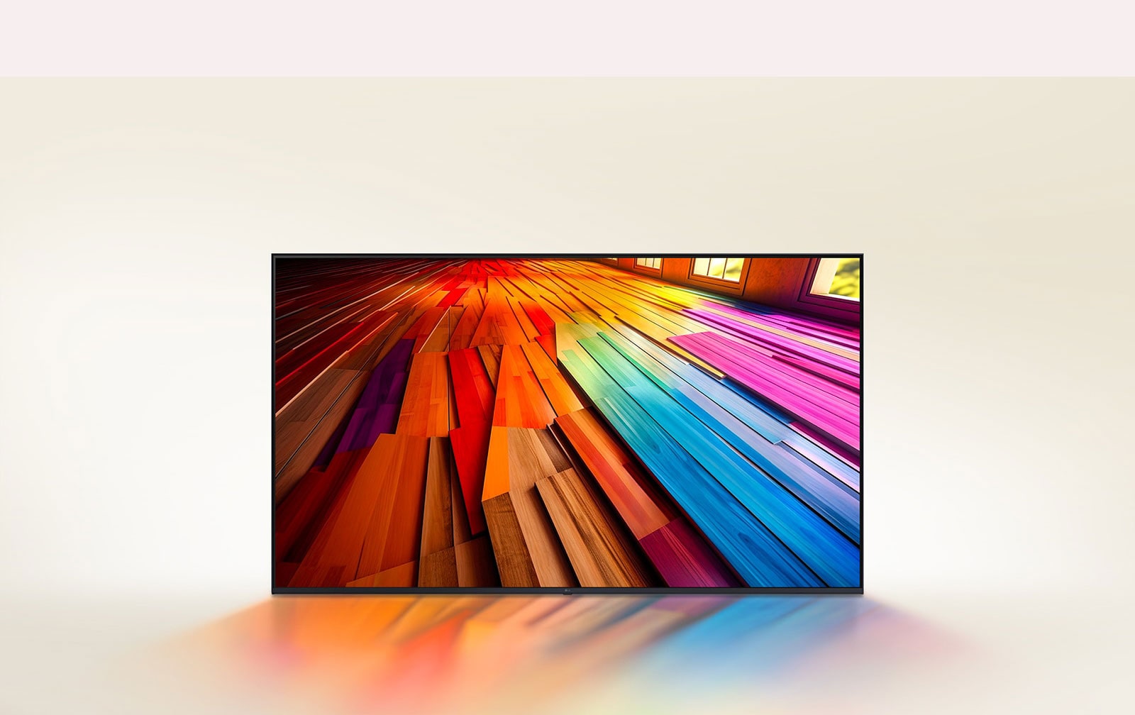 A vibrantly colored, long stretch of hardwood flooring is displayed on an LG UHD TV.