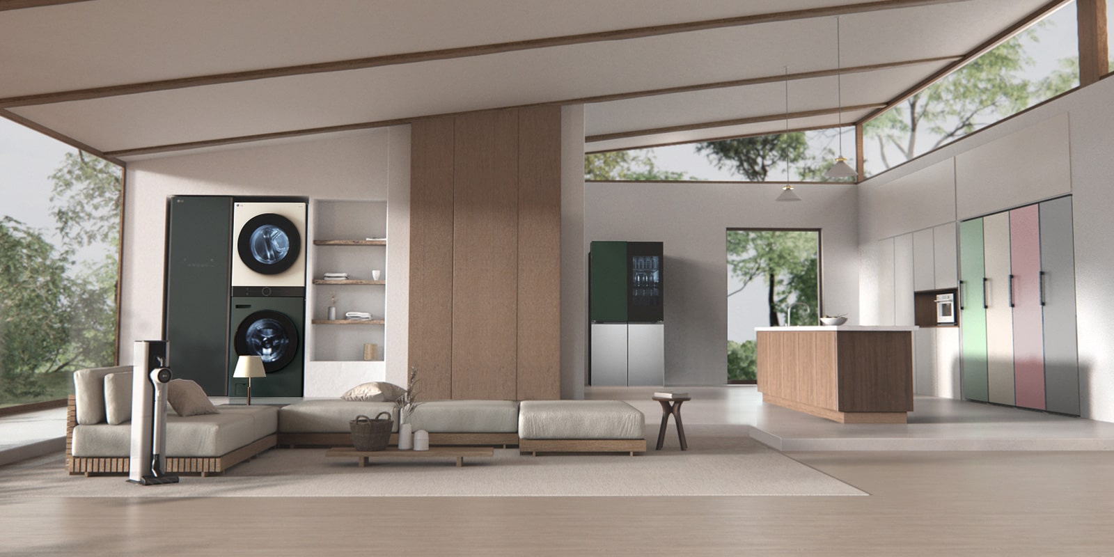 Se muestran productos de la colección LG colocados en la sala de estar : secadora, refrigerador, lavadora, etc.