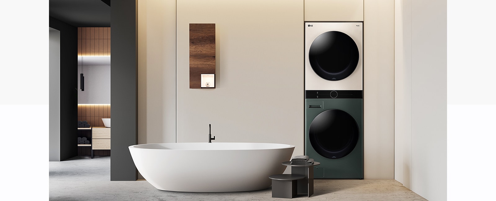 La torre LG WashTower™ se integra perfectamente con los muebles, creando un espacio de lavado armónico.