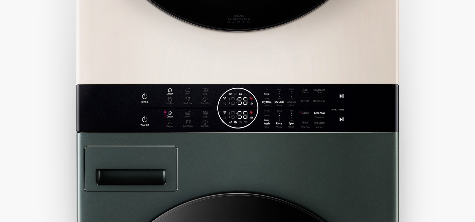 Vista amplia del panel central de la LG WashTower. Algunos botones están encendidos.