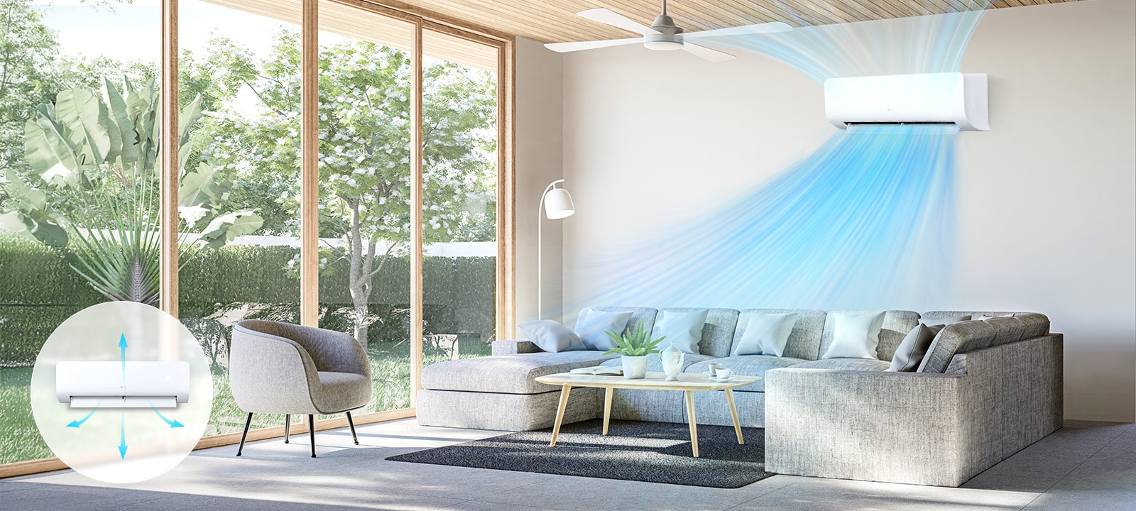 Aire acondicionado en la pared de la sala con una ventana grande que sopla aire frío.