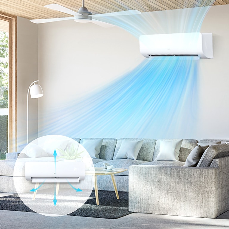 Aire acondicionado en la pared de la sala con una ventana grande que sopla aire frío.