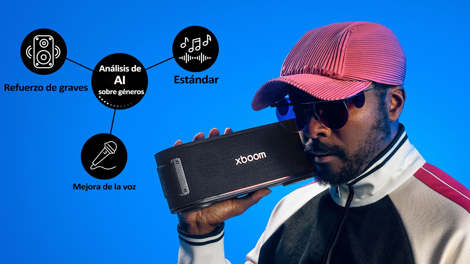 will.i.am sostiene xboom Bounce justo al lado de su cara.