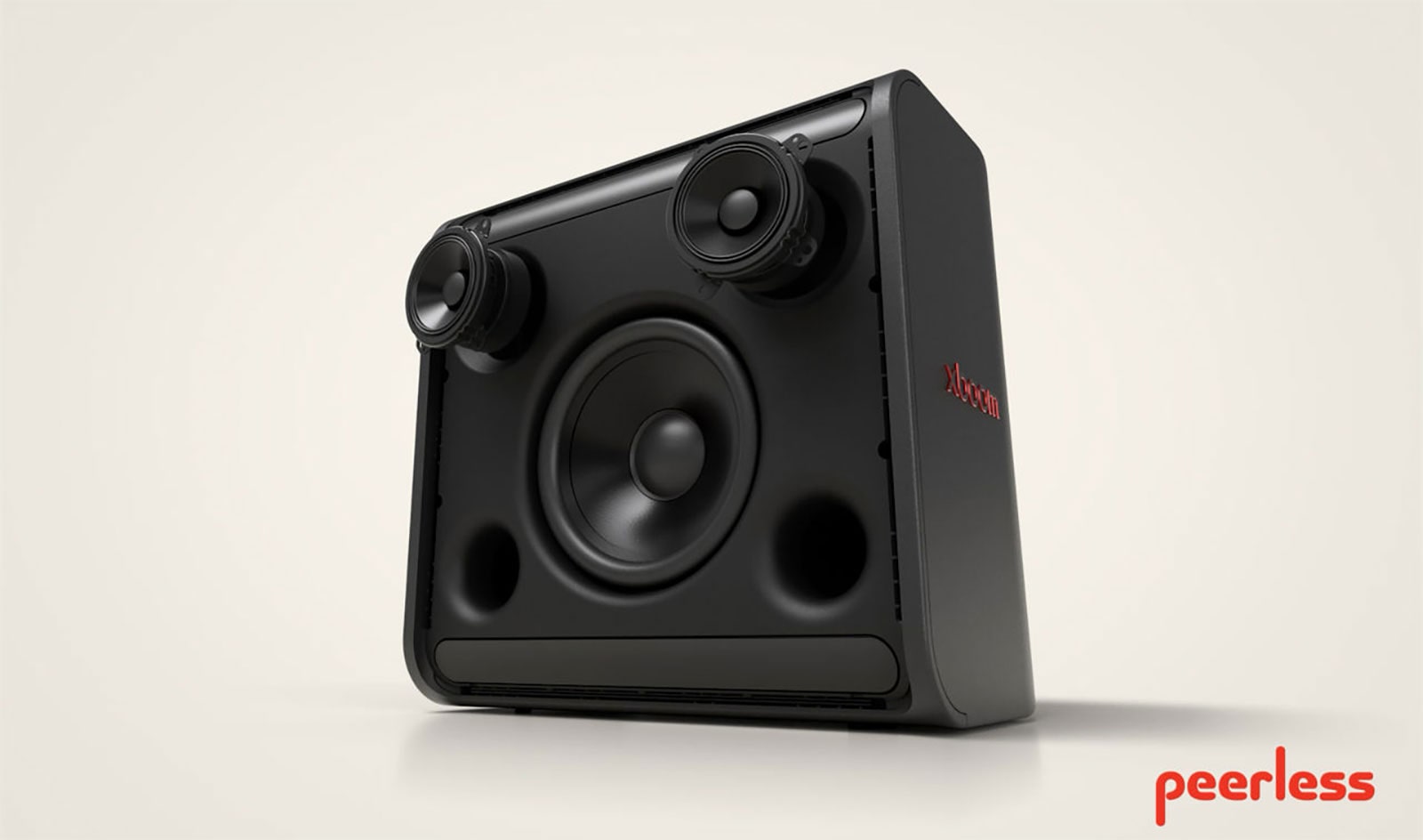 Se muestran las partes internas del xboom Stage 301. El woofer y los medios se mueven hacia adelante y vibran rítmicamente.