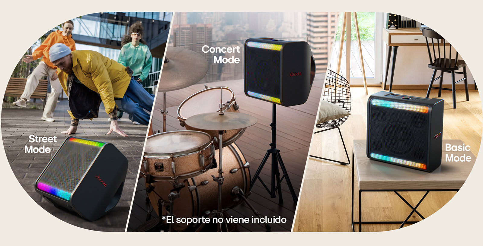 A la izquierda, el xboom Stage 301 se encuentra en el suelo frente a personas que bailan. En la parte central, el xboom Stage 301 está colocado sobre su soporte junto a una batería. A la derecha, el xboom Stage 301 se encuentra sobre una mesa en una sala de estar.