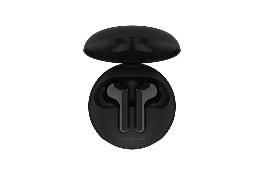 LG Audífonos Inalámbricos LG TONE Free HBS-FN4 color negro con Tecnología Meridian, Una vista superior de una base abierta y dos auriculares en su interior, HBS-FN4