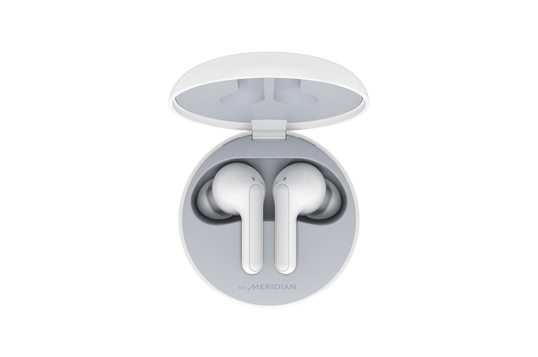 LG Audífonos Inalámbricos LG TONE Free HBS-FN4 color blanco con Tecnología Meridian, Una vista superior de una base abierta y dos auriculares en su interior, HBS-FN4