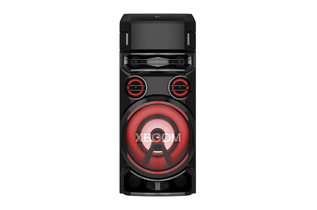 LG XBOOM RN7N, Karaoke, Multi Bluetooth, Iluminación Multi-Color, Vista frontal con luz roja, RN7N