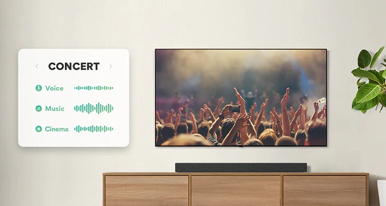 La televisión está en la pared. La televisión muestra gente aplaudiendo en el concierto, el canal cambia a una escena de película con un coche conduciendo en un bosque, y el canal vuelve a cambiar a Noticias y un presentador está hablando. La barra de sonido LG está justo debajo del televisor en un estante beige. (reproducir el video)