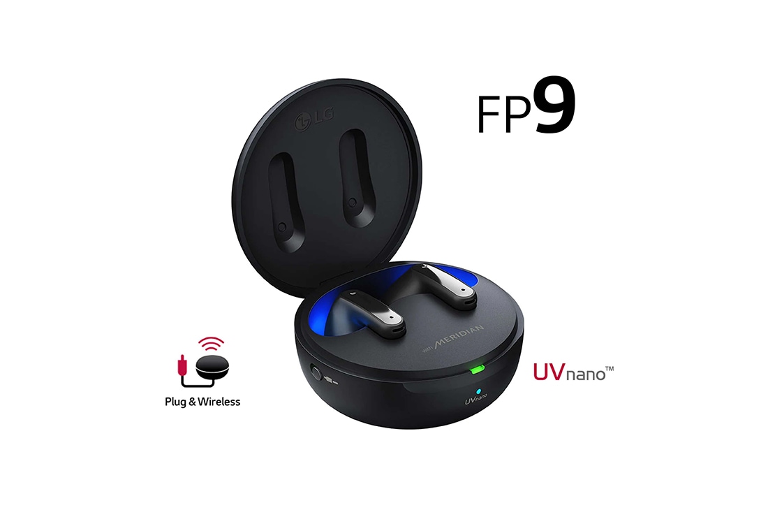 LG TONE Free FP9 -Audífonos Bluetooth con Convertidor Inalámbrico, ANC y UV NanoFP9, La base abierta en un ángulo de 15 grados con la iluminación ambiental encendida y los logotipos UVnano y Plug&wireless, TONE-FP9