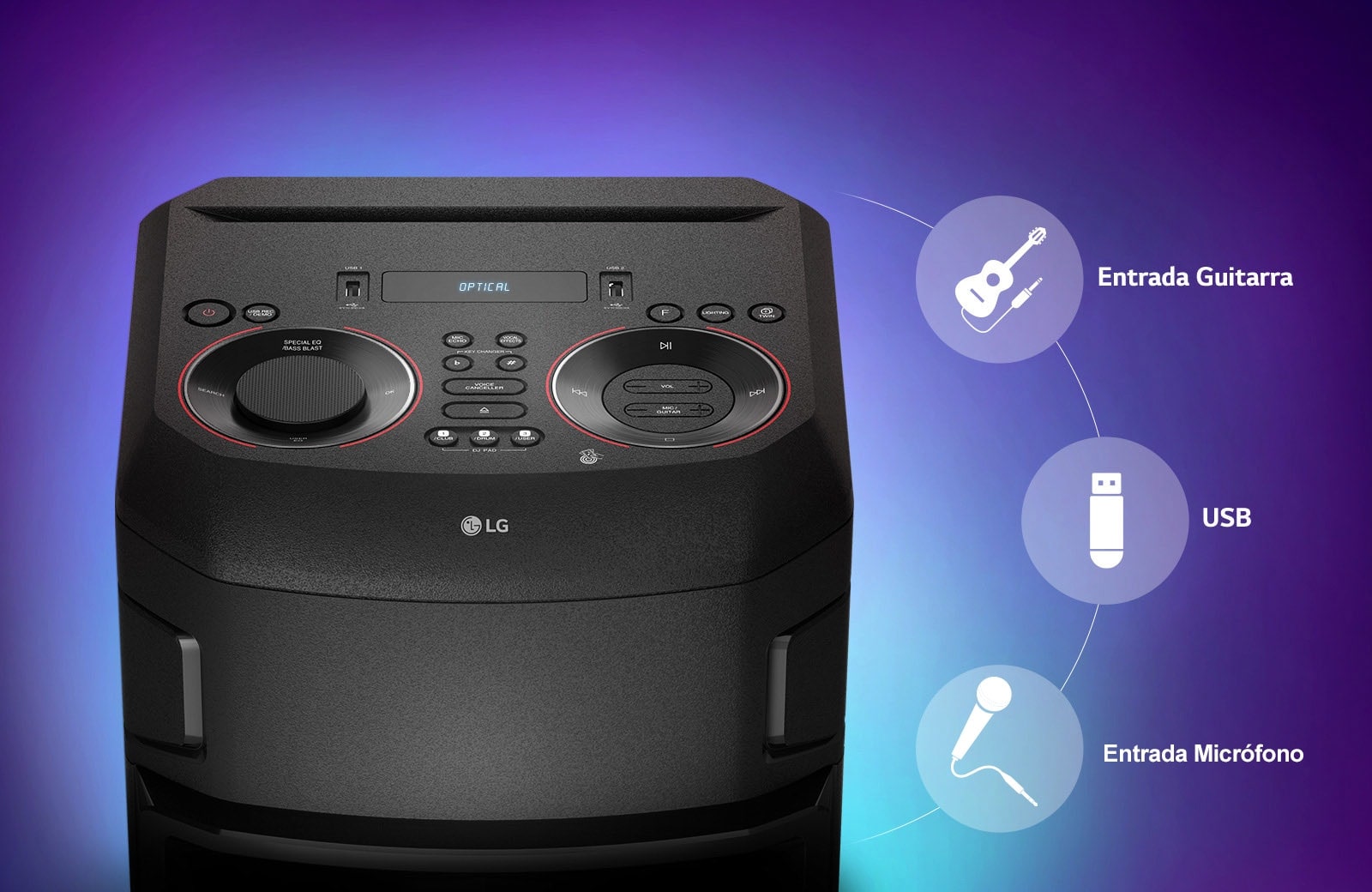 Una vista cercana de la parte superior de LG XBOOM, Conectividad icono son encuentra alrededor del producto.