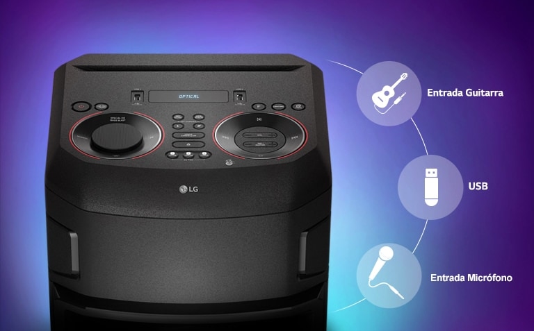 Una vista cercana de la parte superior de LG XBOOM, Conectividad icono son encuentra alrededor del producto.