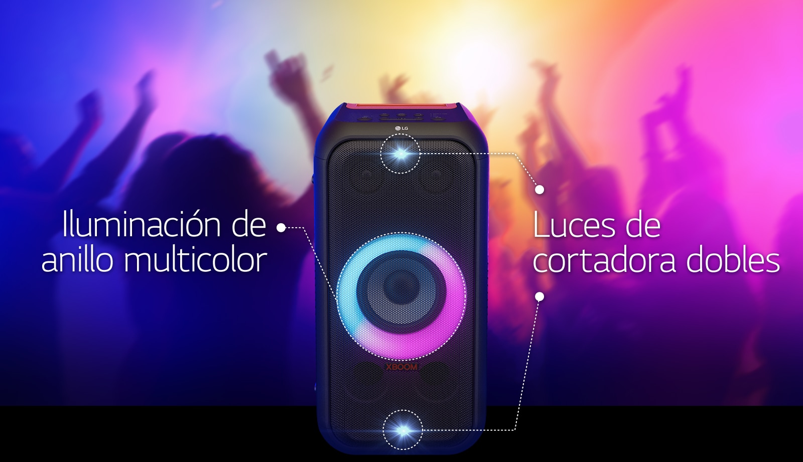 Vista frontal del altavoz. Hay una línea para informar cada parte de la iluminación. En la parte superior e inferior, doble iluminación estroboscópica. En el medio, la iluminación del anillo multicolor degradado rosa y cyon está encendida.