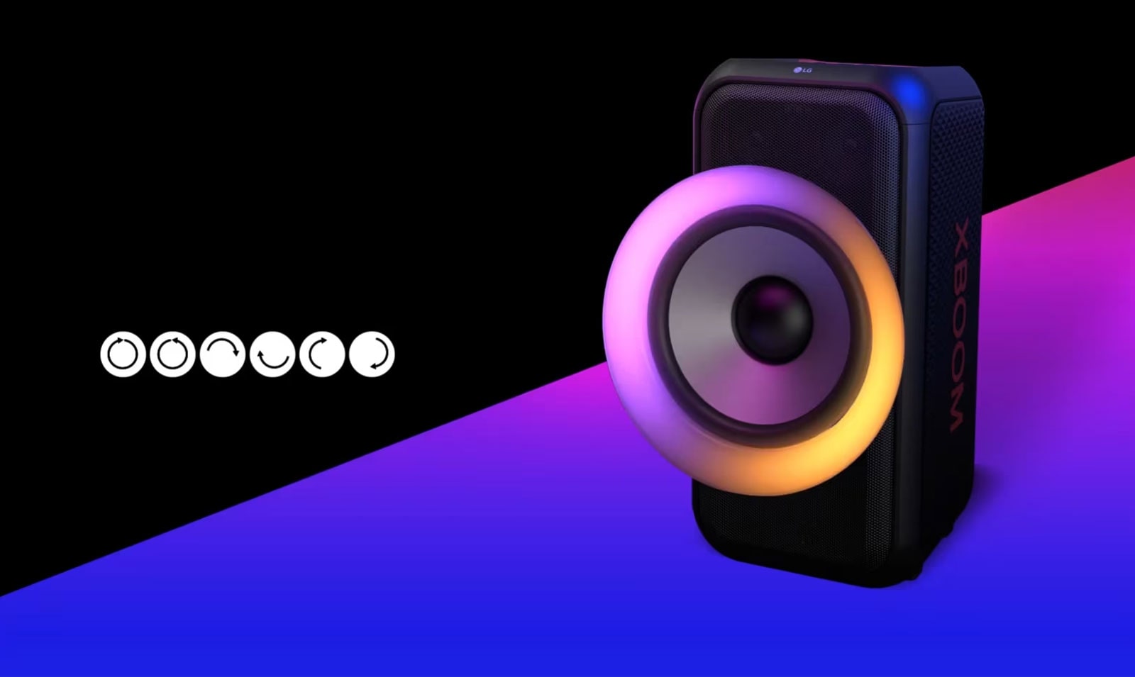 El texto se coloca en el área de color negro y se muestra el pictograma de los movimientos de la iluminación del anillo de varios colores; en el sentido de las agujas del reloj, en el sentido contrario a las agujas del reloj, semicírculo superior e inferior, semicírculo izquierdo y derecho y efecto de flash. El altavoz se coloca en un ángulo de 45 grados a la izquierda. Y hay un área de color púrpura degradado debajo para fines de diseño. El woofer de 6,5 pulgadas se exagera para resaltar sus diversos colores.