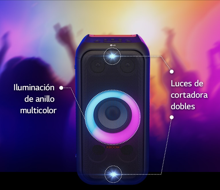 Vista frontal del altavoz. Hay una línea para informar cada parte de la iluminación. En la parte superior e inferior, doble iluminación estroboscópica. En el medio, la iluminación del anillo multicolor degradado rosa y cyon está encendida.