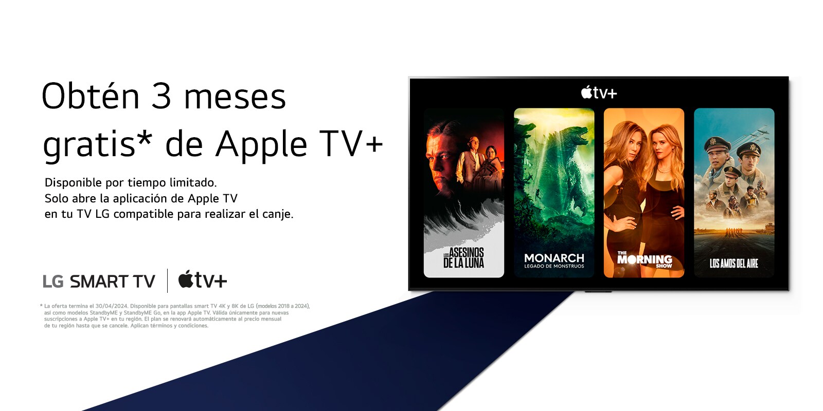 Image d'un téléviseur LG OLED. Le contenu d'Apple TV+ s'affiche à l'écran et le titre est "Get three months of Apple TV+ free with LG Smart TVs" (Trois mois d'Apple TV+ gratuits avec les Smart TV de LG).