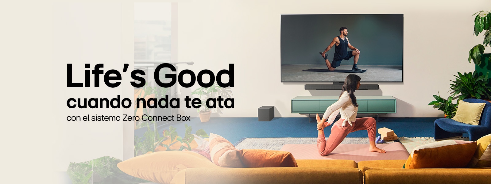 Banner promocional de las características de la LG AI TV. Se muestra un AI Magic Remote a la izquierda. A la derecha, se muestran varias imágenes: una sala con personalización por IA, una mujer con un perro en brazos que representa la imagen con IA, un cantante con auriculares que ilustra el sonido con IA y una interfaz de TV con aplicaciones de streaming que resalta la experiencia con IA. El procesador LG alfa 11 4K AI se ilumina con efectos de neón y patrones de circuitos.