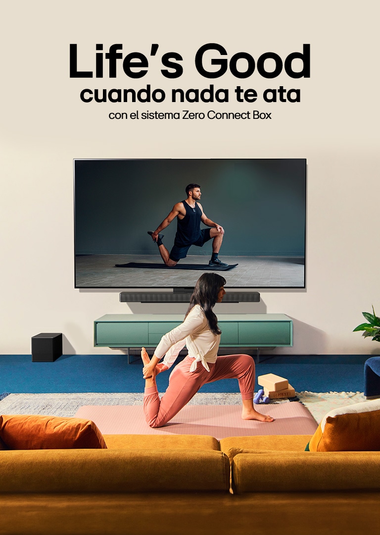 Banner promocional de las características de la LG AI TV. Se muestra un AI Magic Remote a la izquierda. A la derecha, se muestran varias imágenes: una sala con personalización por IA, una mujer con un perro en brazos que representa la imagen con IA, un cantante con auriculares que ilustra el sonido con IA y una interfaz de TV con aplicaciones de streaming que resalta la experiencia con IA. El procesador LG alfa 11 4K AI se ilumina con efectos de neón y patrones de circuitos.
