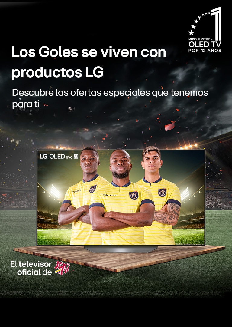 Un LG TV que muestra la página de inicio de webOS parada en ángulo contra un fondo. La página de inicio muestra categorías de navegación e instantáneas de programas de TV. El LG Magic Remote señala la TV.