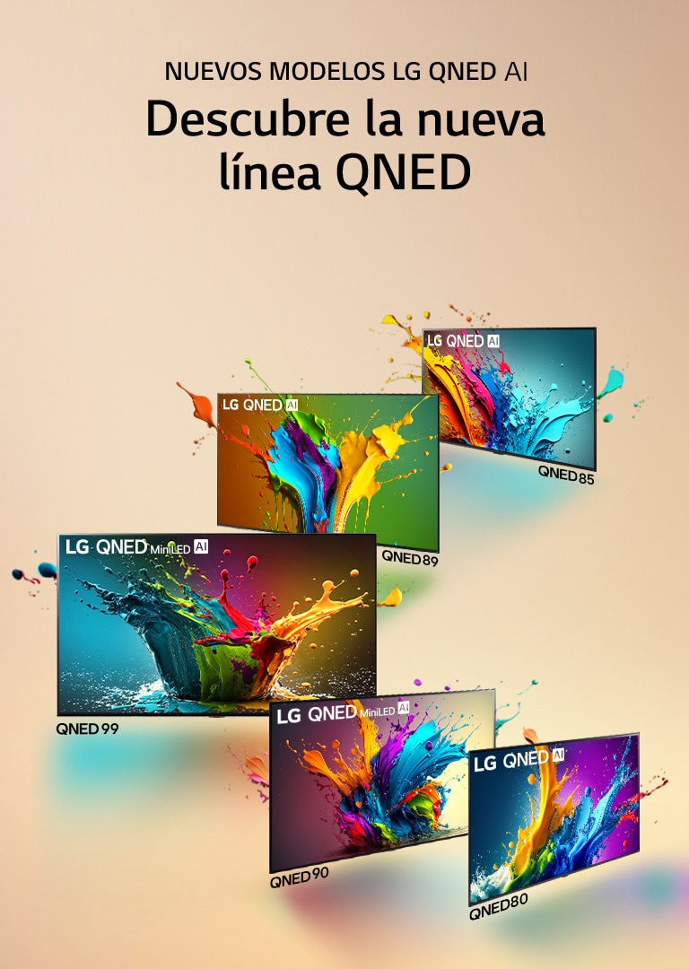 LG QNED 80, QNED 90, QNED 99, QNED 89 y QNED 85 TV colocados uno junto a otro en una línea con ángulo con el QNED 99 TV orientado hacia adelante y los otros en un ángulo de 45 grados. Gotas coloridas y olas de pintura salen disparadas de cada pantalla y la luz se irradia, creando sombras coloridas debajo.