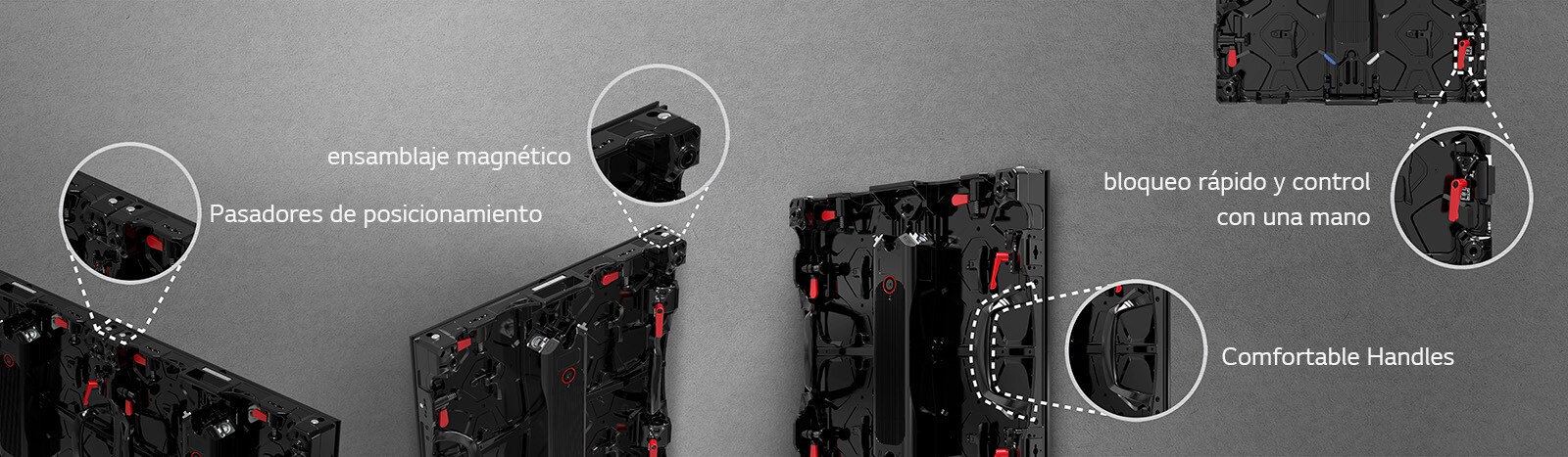 Las partes 'pasadores de posicionamiento', 'ensamblaje magnético', 'manijas cómodas', 'bloqueo rápido y control con una mano' en el gabinete están ampliadas.