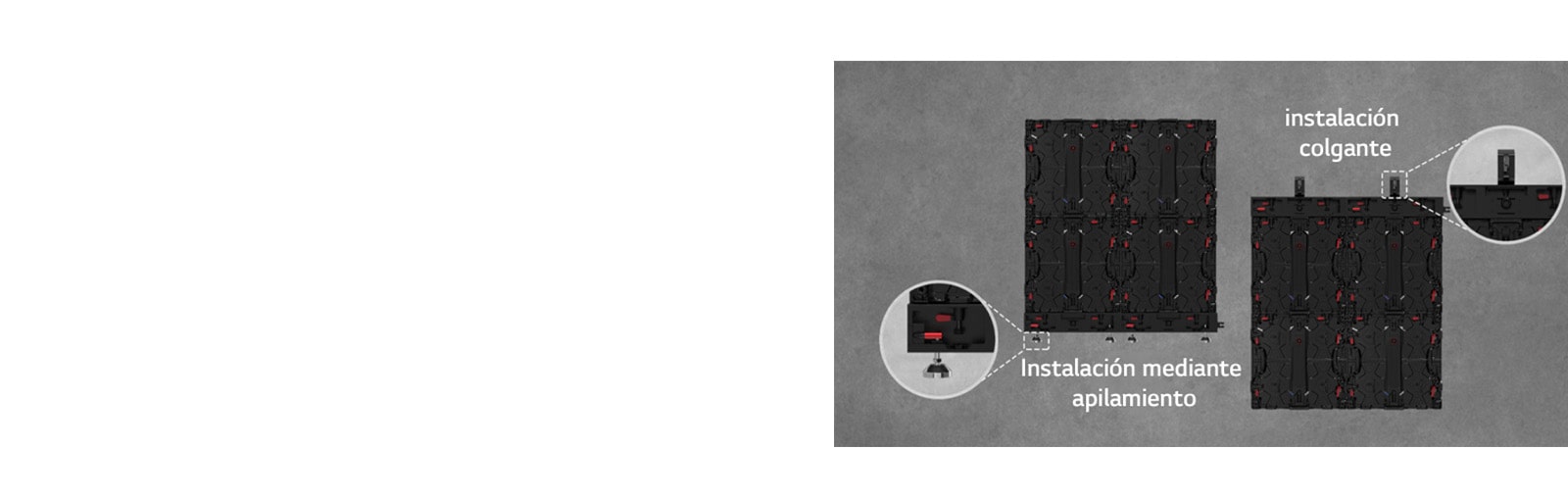 Se amplía y muestra la parte donde se puede instalar el armario ya sea mediante apilamiento o de forma colgante.