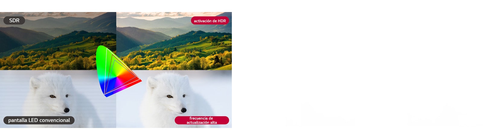 En una comparación de una pantalla SDR y una pantalla compatible con HDR, una pantalla LED convencional con síntomas de imagen parpadeante y rodante se compara con una pantalla que muestra los colores con precisión con una frecuencia de actualización alta.