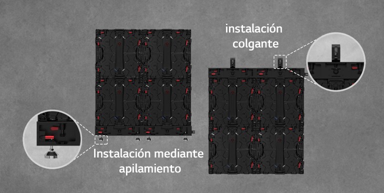 Se amplía y muestra la parte donde se puede instalar el armario ya sea mediante apilamiento o de forma colgante.