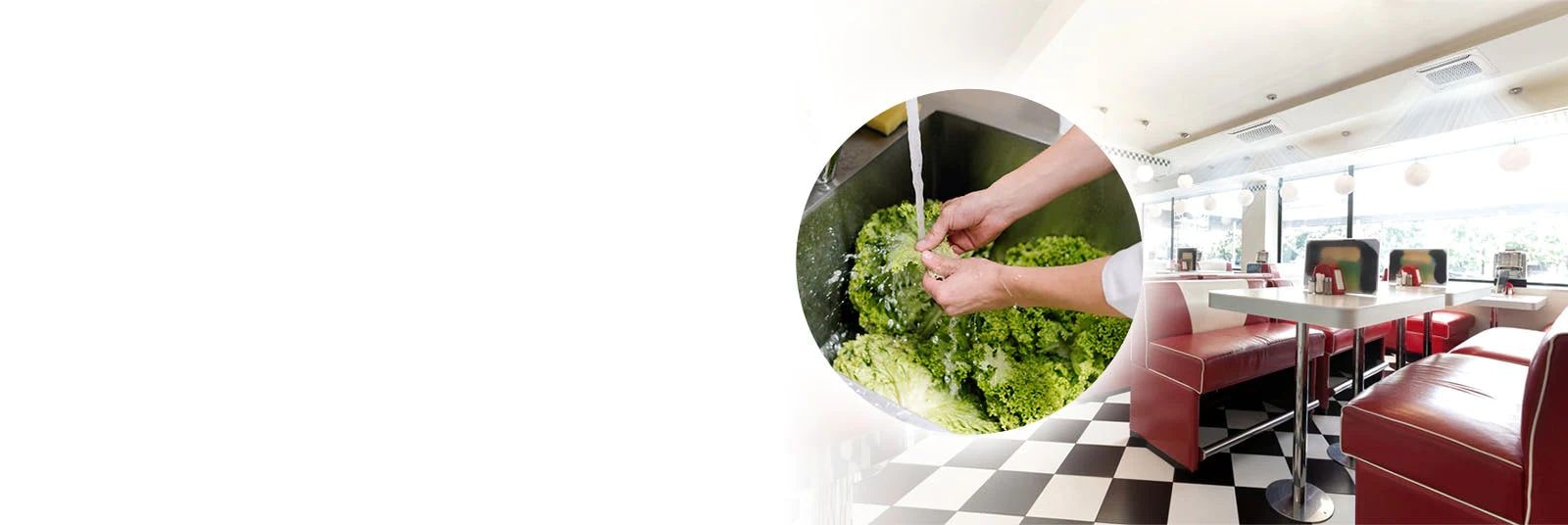 Imágenes de lavado de verduras con agua caliente e interior de un restaurante de comida rápida.