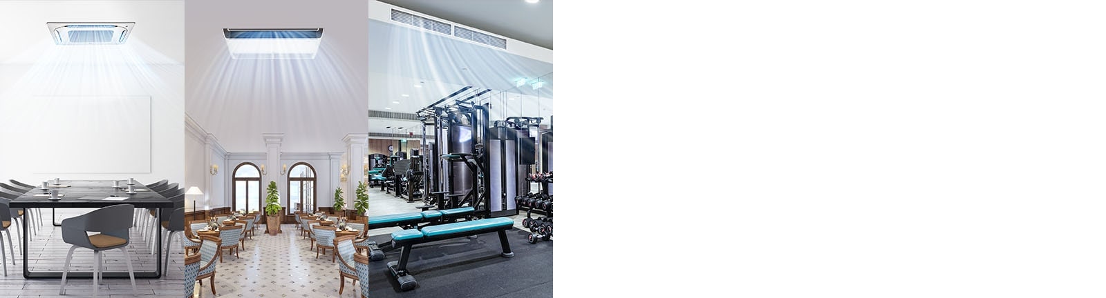 Tres imágenes de una cafetería, un restaurante y un gimnasio con aire acondicionado.