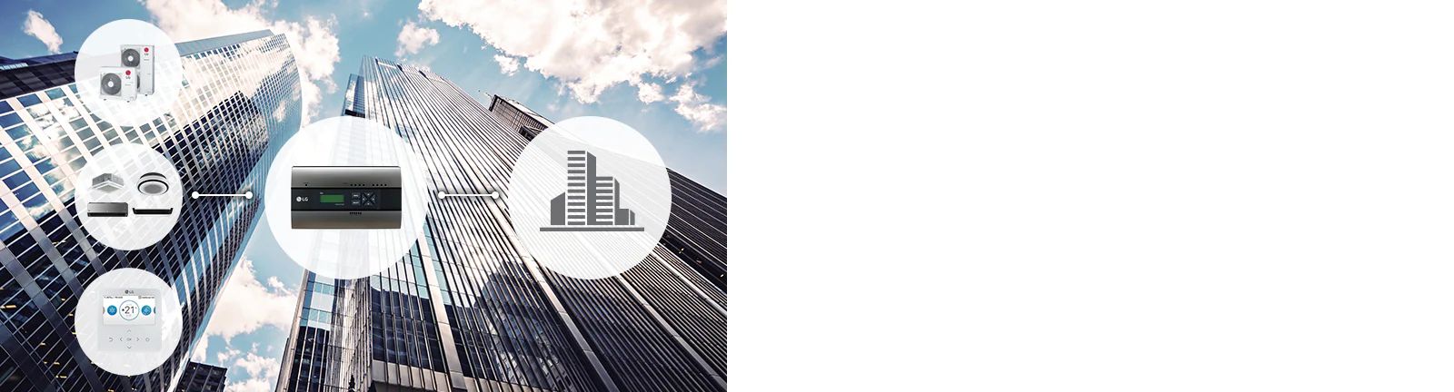 Thumbnails of a building icon, a BMS Gateway product and LG air conditioners with connecting lines.