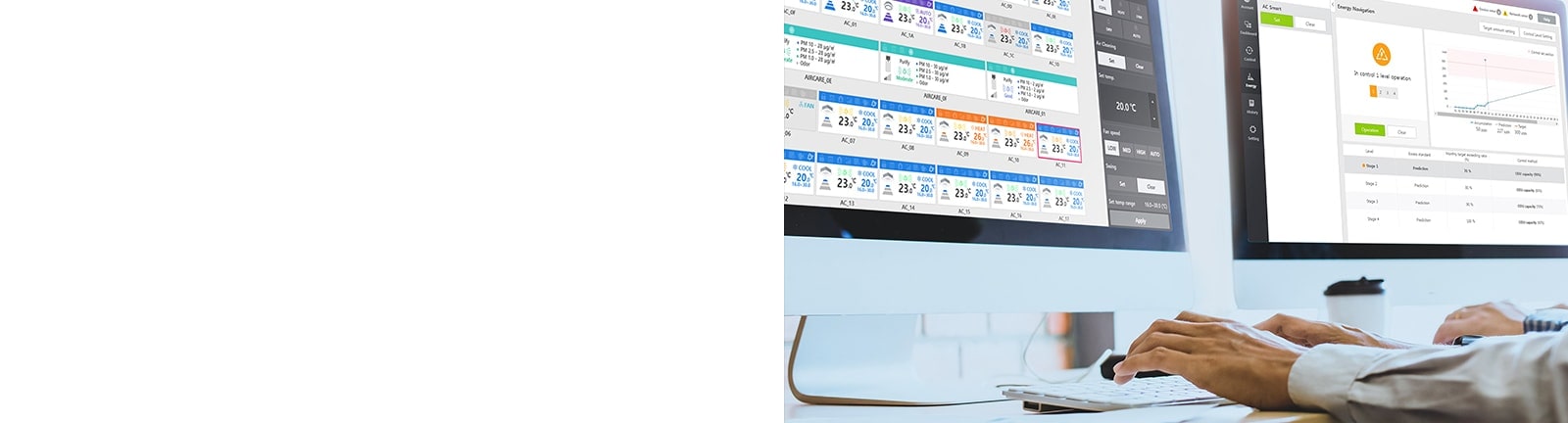 Imagen de alguien utilizando monitores dobles para la gestión de la energía estacional.