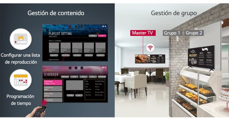 Configura la lista de reproducción y la programación horaria con un control remoto de forma sencilla, mediante la función de gestión integrada de contenidos en pantalla. La gestión de grupo se supervisa en la pantalla principal, en la del grupo 1 y en la del grupo 2. 
