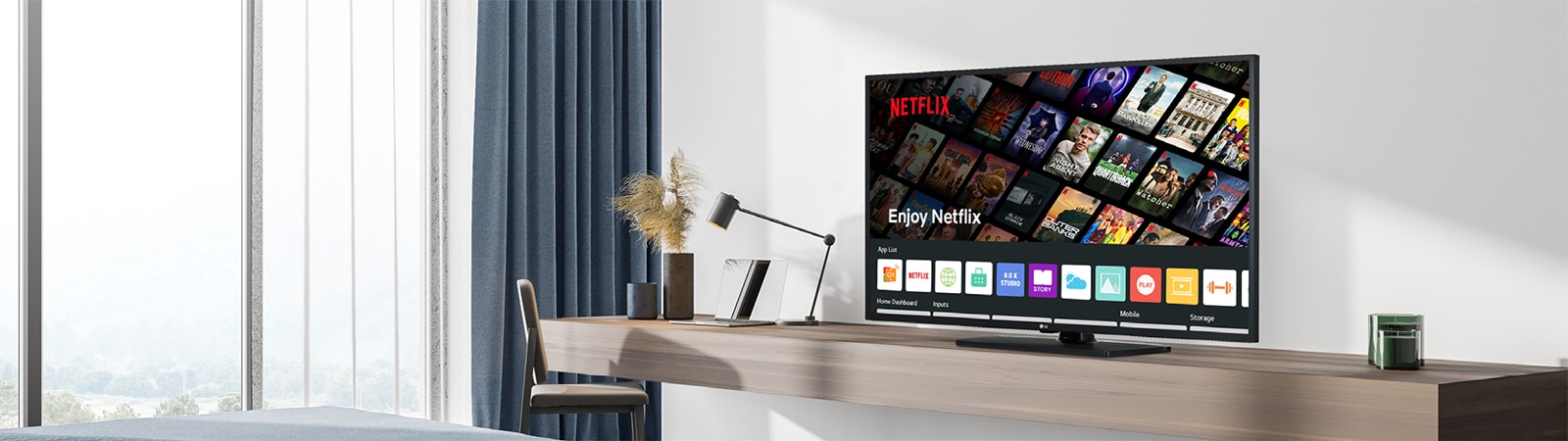 El contenido del hotel, incluida la aplicación Netflix, se muestra en la televisión dentro de la habitación del hotel.