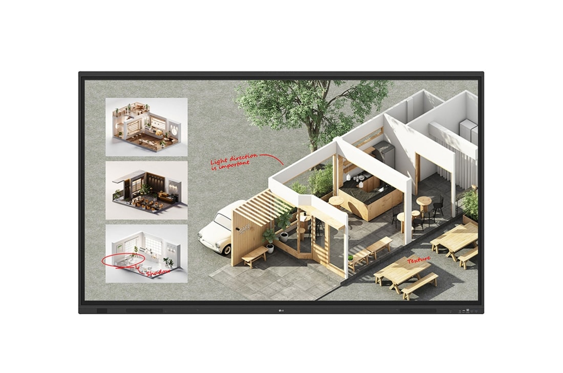 LG CreateBoard Standard Product name 86TR3DQ-B 86 pulgadas para señalización digital de 400nits, Andorid14, Vista frontal con imagen de relleno, 86TR3DQ-B