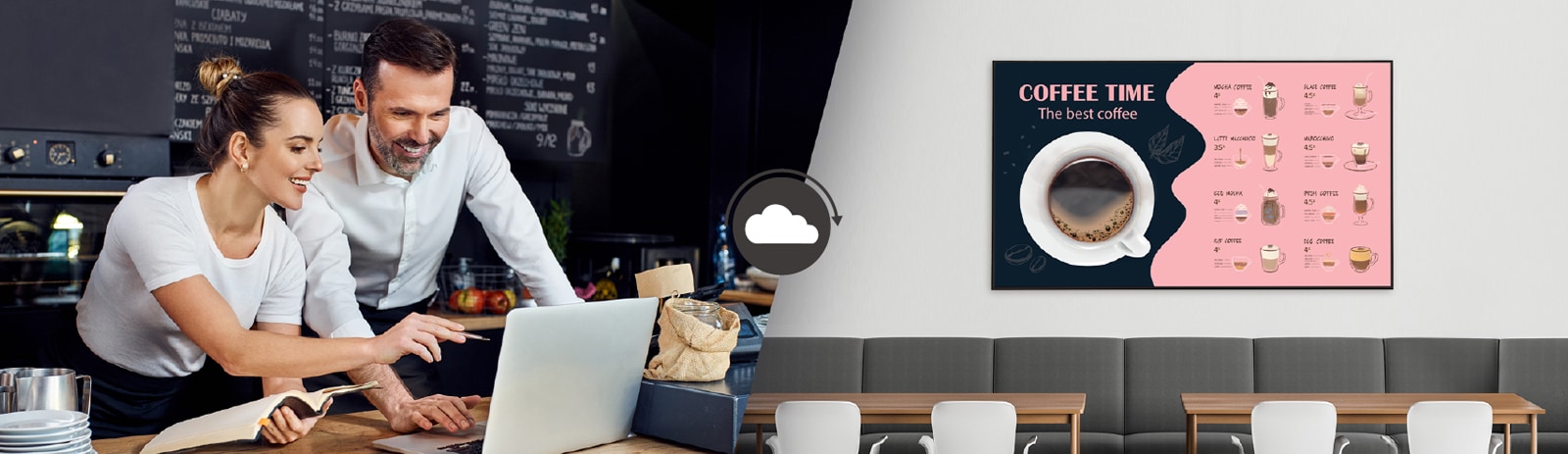 Los administradores de cafeterías están creando menús que se mostrarán en la pantalla instalada en la pared de la cafetería utilizando un software de gestión de contenidos.