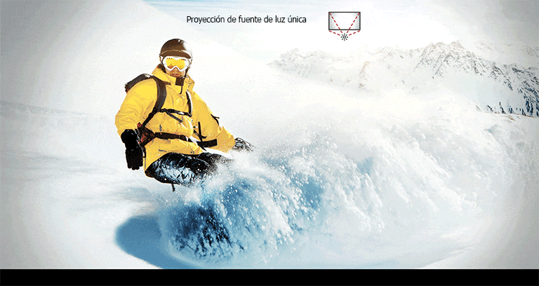 Una persona se encuentra de pie en una montaña nevada. En esta escena, los bordes de la pantalla se oscurecen con la proyección de fuente de luz única, mientras que la pantalla LED autoemisiva muestra el color de manera clara y nítida.