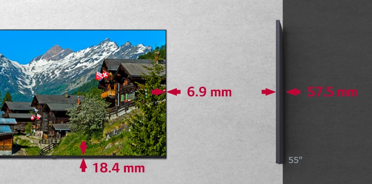 Muestra un tamaño de bisel de 6,9 mm por 18,4 mm y demuestra su delgadez a 57,5 mm de profundidad.