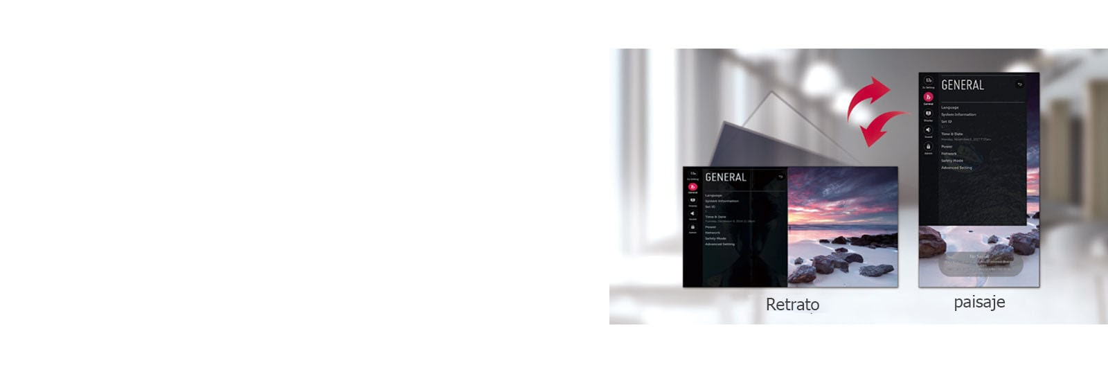 La pantalla del menú consta de opciones de paisaje y retrato.