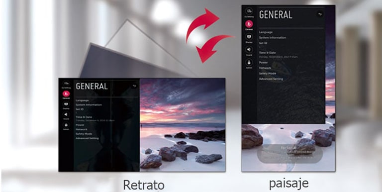 La pantalla del menú consta de opciones de paisaje y retrato.